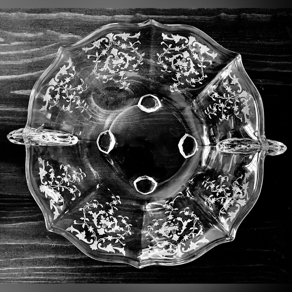 Fostoria Etched Depression Glass Footed Bowl w/ Handles